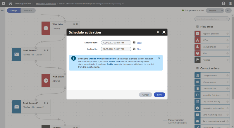 Schedule activation of your marketing automation process 